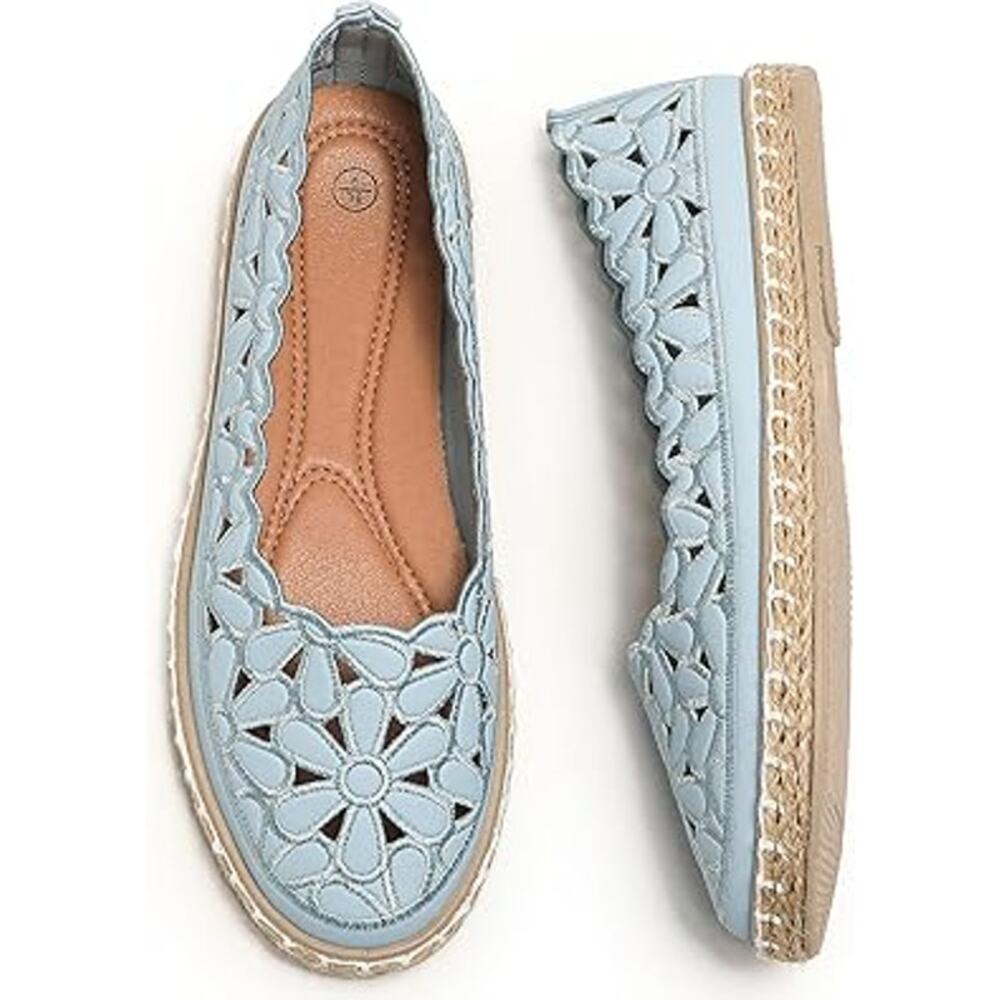 Heawish Womens Size 7 Blue Floral Closed Toe Slide On Espadrille Flats Shoes